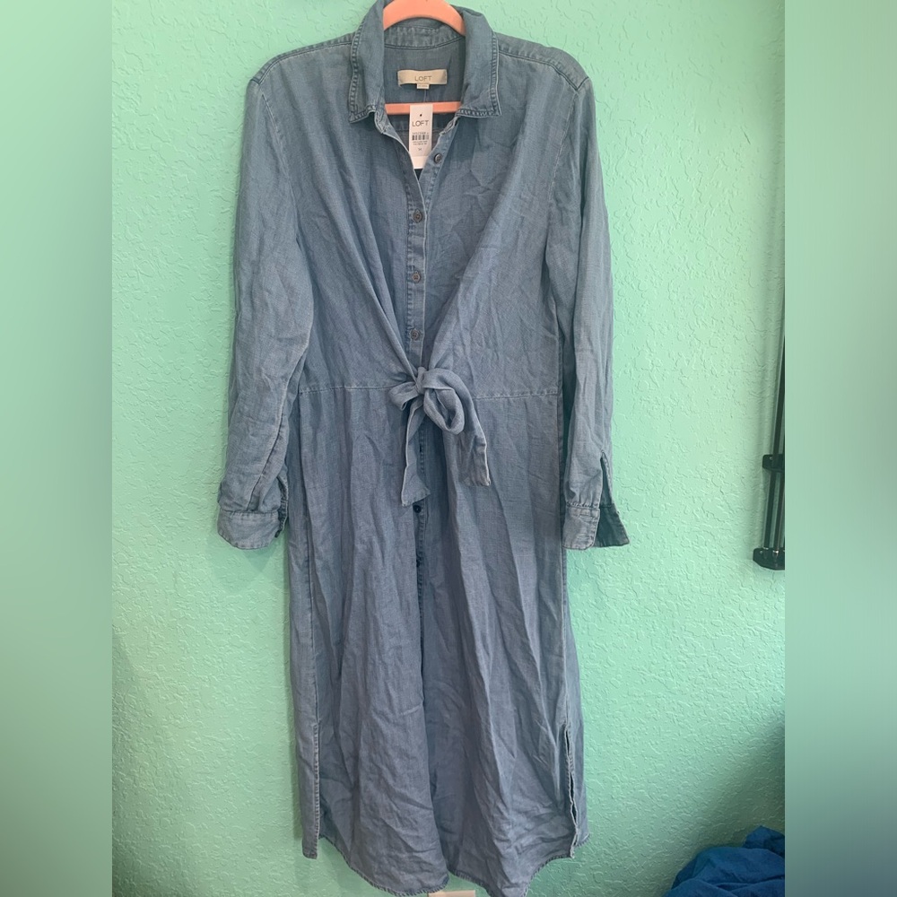 LOFT Soft Blue Chambray Button-Up Dress Waist Tie 14 NWT denim teacher spring